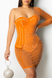 Orange Sexy Patchwork Hot Drilling See-through Backless One Shoulder Long Sleeve Dresses