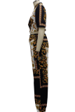 Multicolor Casual Print Patchwork Zipper Collar Half Sleeve Two Pieces
