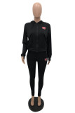 Black Casual Solid Embroidered Hooded Collar Long Sleeve Two Pieces