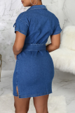 Blue Sexy Solid Split Joint Turndown Collar Pencil Skirt Dresses