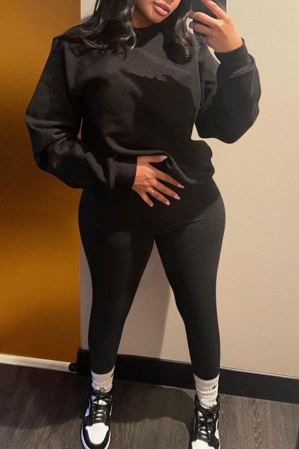 Black Casual Solid Patchwork O Neck Long Sleeve Two Pieces