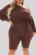 Brownness Fashion Casual Solid Basic Oblique Collar Plus Size Romper