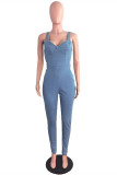 Baby Blue Sexy Casual Solid Backless Spaghetti Strap Skinny Jumpsuits