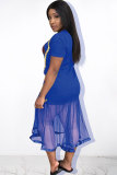 Blue Sexy Fashion Cap Sleeve Short Sleeves O neck Step Skirt Mid-Calf Print Patchwork Club Dre