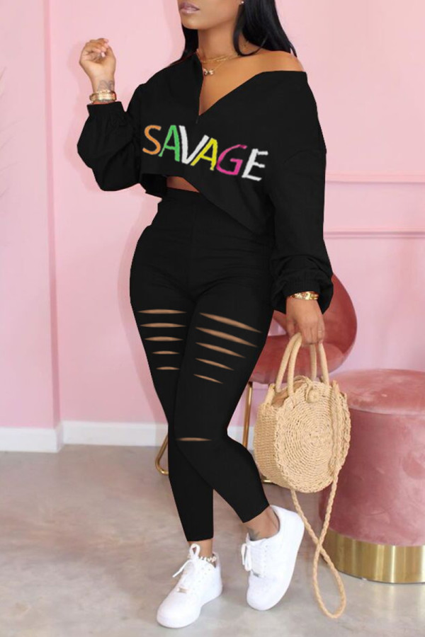 Black Fashion Casual Letter Print Ripped Zipper Collar Long Sleeve Two Pieces