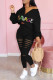 Black Fashion Casual Letter Print Ripped Zipper Collar Long Sleeve Two Pieces