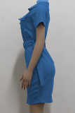 Blue Casual Solid Split Joint Turndown Collar Pencil Skirt Dresses
