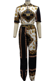 Multicolor Casual Print Patchwork Zipper Collar Half Sleeve Two Pieces