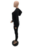 Black Casual Solid Embroidered Hooded Collar Long Sleeve Two Pieces