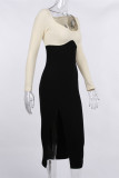 Khaki Fashion Casual Patchwork Slit Square Collar Long Sleeve Dresses