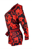 Red Fashion Casual Print Cardigan Long Sleeve Two Pieces