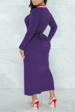 Purple Casual Solid Bandage Patchwork V Neck One Step Skirt Dresses