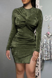 Army Green Celebrities Solid Split Joint Fold O Neck Long Sleeve Two Pieces