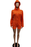Orange Casual Solid Patchwork Pocket Zipper Hooded Collar Straight Rompers