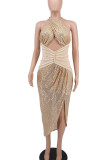 Beige Sexy Patchwork Hollowed Out Sequins Backless Halter Sleeveless Dress Dresses