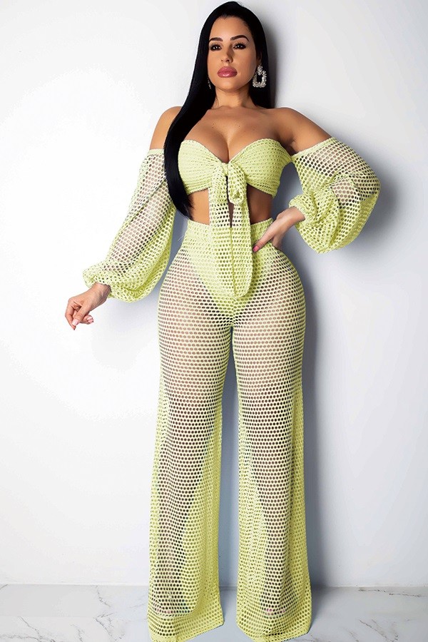 Lemon yellow Sexy Fashion Off The Shoulder Long Sleeves One word collar Straight Ankle-Length perspective Mesh Pa