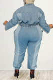 Light Blue Casual Solid Make Old Patchwork Pocket Buckle Turndown Collar Plus Size Jumpsuits