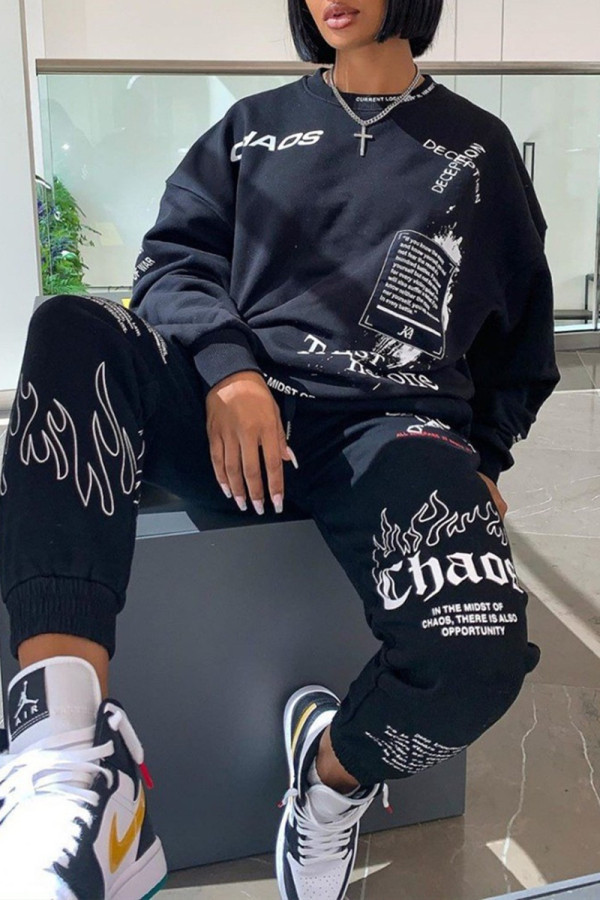 Black Fashion Print Basic O Neck Long Sleeve Two Pieces