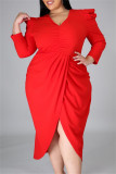 Red Fashion Casual Solid Split Joint V Neck Long Sleeve Plus Size Dresses