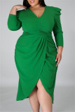 Red Fashion Casual Solid Split Joint V Neck Long Sleeve Plus Size Dresses
