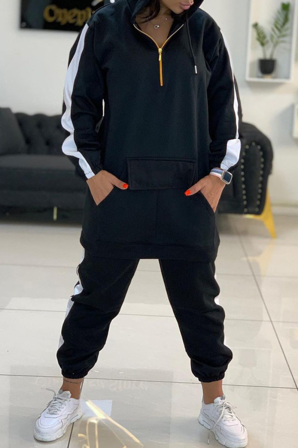 Black Fashion Casual Patchwork Zipper Hooded Collar Long Sleeve Two Pieces