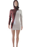 Brown Fashion Casual Patchwork Zipper Hooded Collar Long Sleeve Dresses