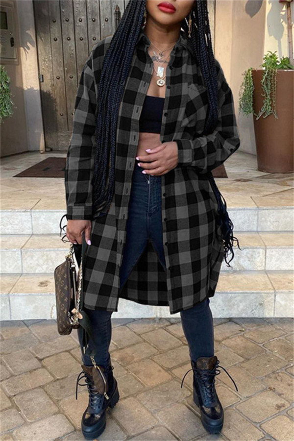 Black Fashion Casual Plaid Print Cardigan Turndown Collar Outerwear