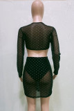 Black Sexy Patchwork Bronzing See-through Square Collar Long Sleeve Two Pieces