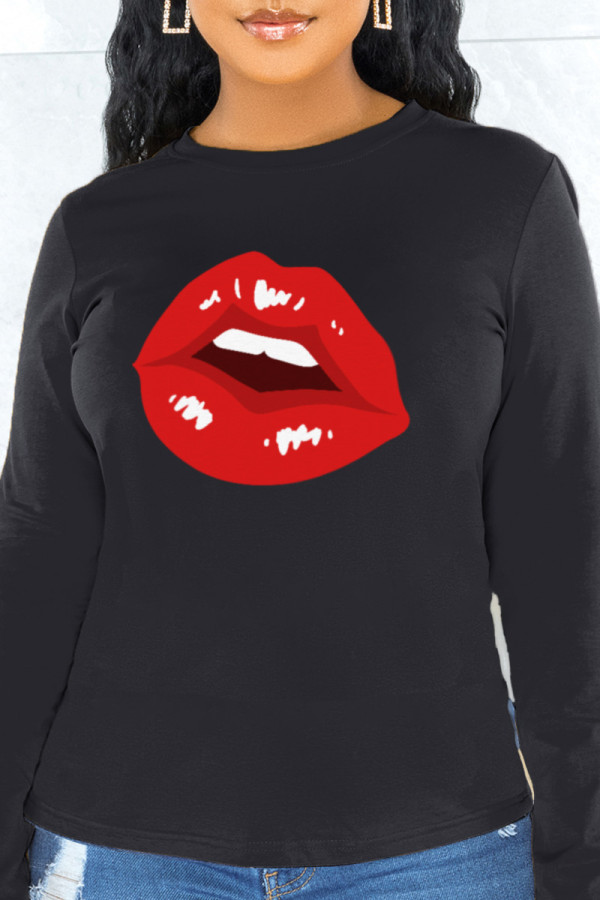 Black Casual Daily Print Patchwork O Neck Tops