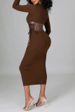 Brown Elegant Solid Patchwork Frenulum O Neck One Step Skirt Dresses