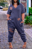 Blue Fashion Casual Solid Ripped V Neck Loose Jumpsuits