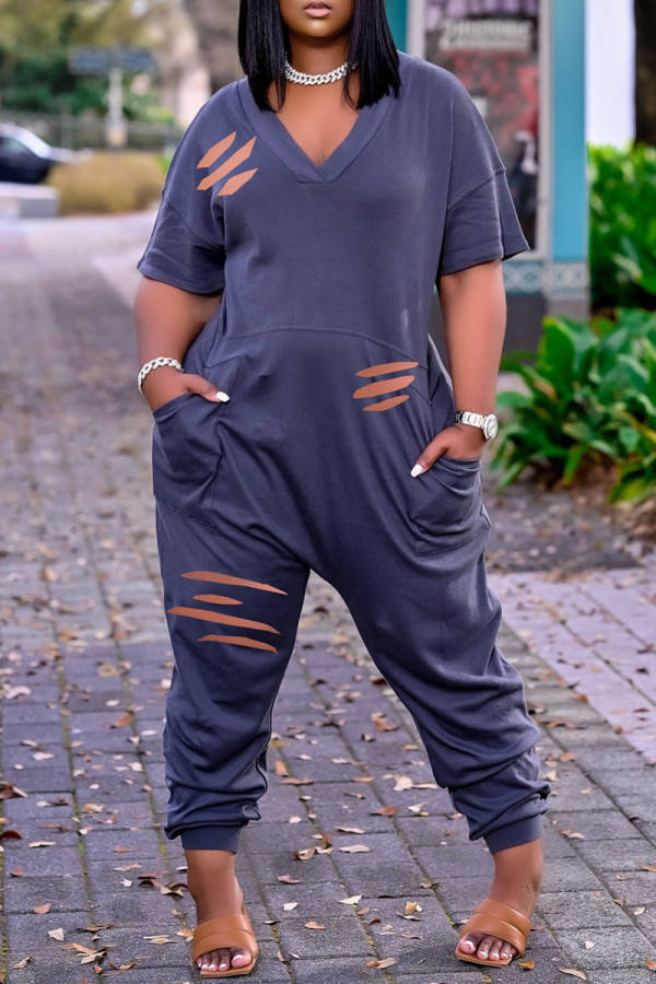 Blue Fashion Casual Solid Ripped V Neck Loose Jumpsuits