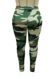 Green Fashion Casual Camouflage Print Bandage Hollowed Out Regular High Waist Trousers
