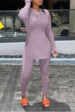 Light Purple Casual Solid Slit O Neck Long Sleeve Two Pieces