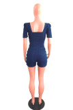 Dark Blue Fashion Casual Solid Split Joint Backless Square Collar Skinny Romper