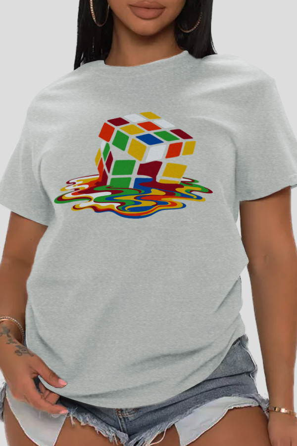 Grey Casual Street Print Patchwork O Neck T-Shirts