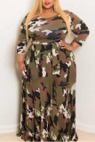 Army Green Fashion Casual Plus Size Camouflage Print Basic O Neck Printed Dress