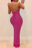 Red Fashion Sexy Patchwork Hot Drilling See-through Halter Sleeveless Dress
