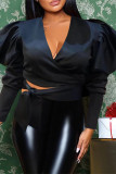 Black Fashion Casual Solid Bandage V Neck Tops