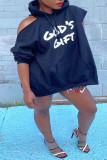 Tibetan Blue Fashion Casual Print Hollowed Out Slit Hooded Collar Tops