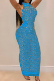 Red Fashion Sexy Patchwork Hot Drilling See-through Halter Sleeveless Dress