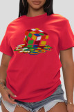 Red Casual Street Print Patchwork O Neck T-Shirts