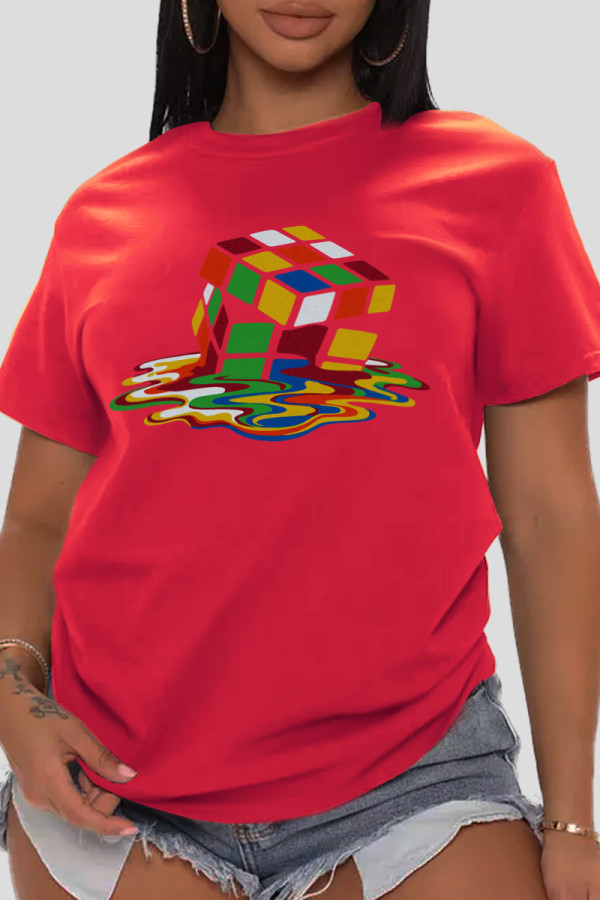 Red Casual Street Print Patchwork O Neck T-Shirts