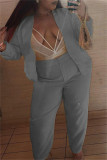 Grey Fashion Casual Solid Cardigan Pants Plus Size Two Pieces