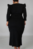 Black Fashion Casual Solid Split Joint V Neck Long Sleeve Plus Size Dresses