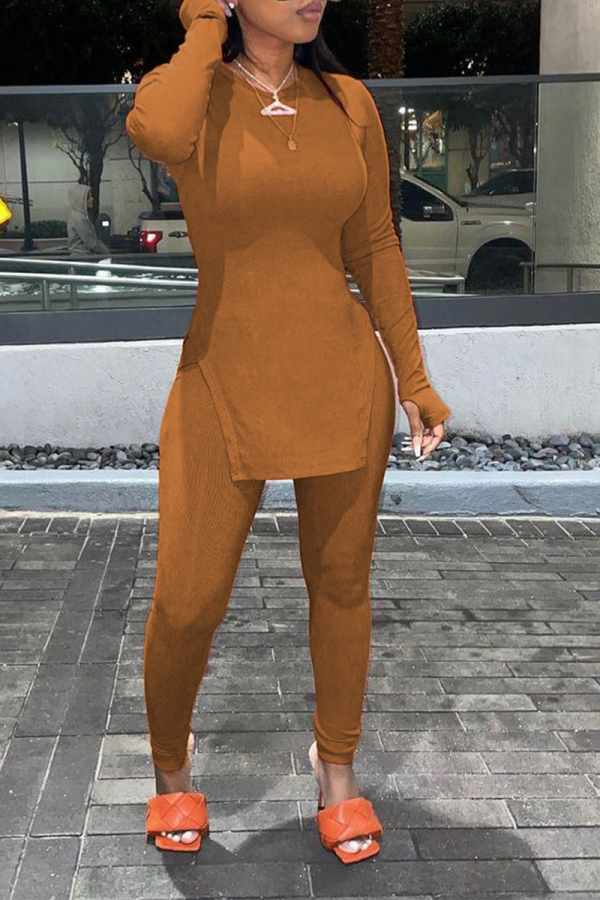 Brown Casual Solid Slit O Neck Long Sleeve Two Pieces