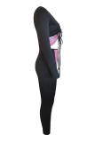 Black Pink Sexy Print Patchwork V Neck Skinny Jumpsuits