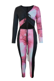 Black Pink Sexy Print Patchwork V Neck Skinny Jumpsuits