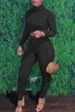 Black Casual Solid Split Joint Turtleneck Long Sleeve Two Pieces