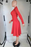 Red Fashion Casual Patchwork Solid Asymmetrical V Neck Long Sleeve Dresses